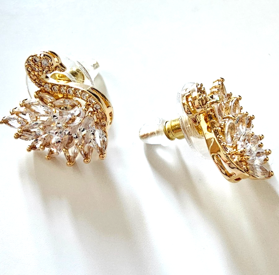 Gold Tone Swan Crystal Stud Earrings Elegant Sparkly Statement Bridal Gift