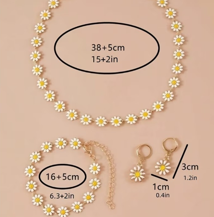 4PCS Daisy Jewellery Set Necklace Bracelet Earrings Floral Gold Tone Cute Boho G