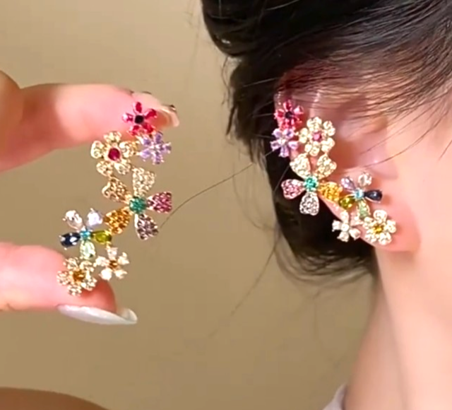 Colorful Crystal Flower Ear Cuff Earrings Full Ear Climber Clip On Statement Par