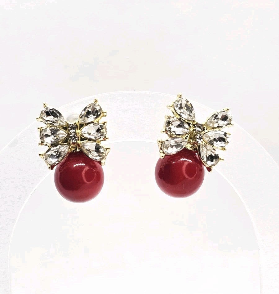 Gold Red Pearl Bow Drop Earrings Crystal Marquise Rhinestone Ribbon Studs Gift