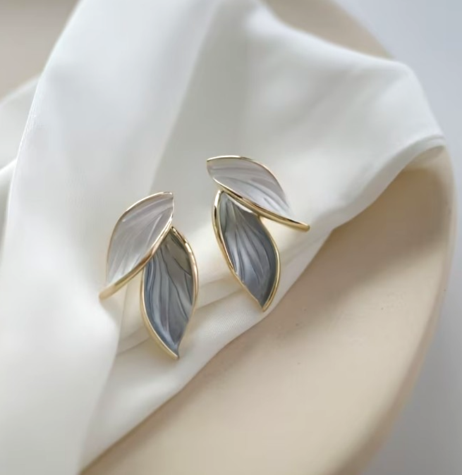 Gold Enamel Leaf Earrings Minimalist Contrasting Grey White Plant Studs Gift