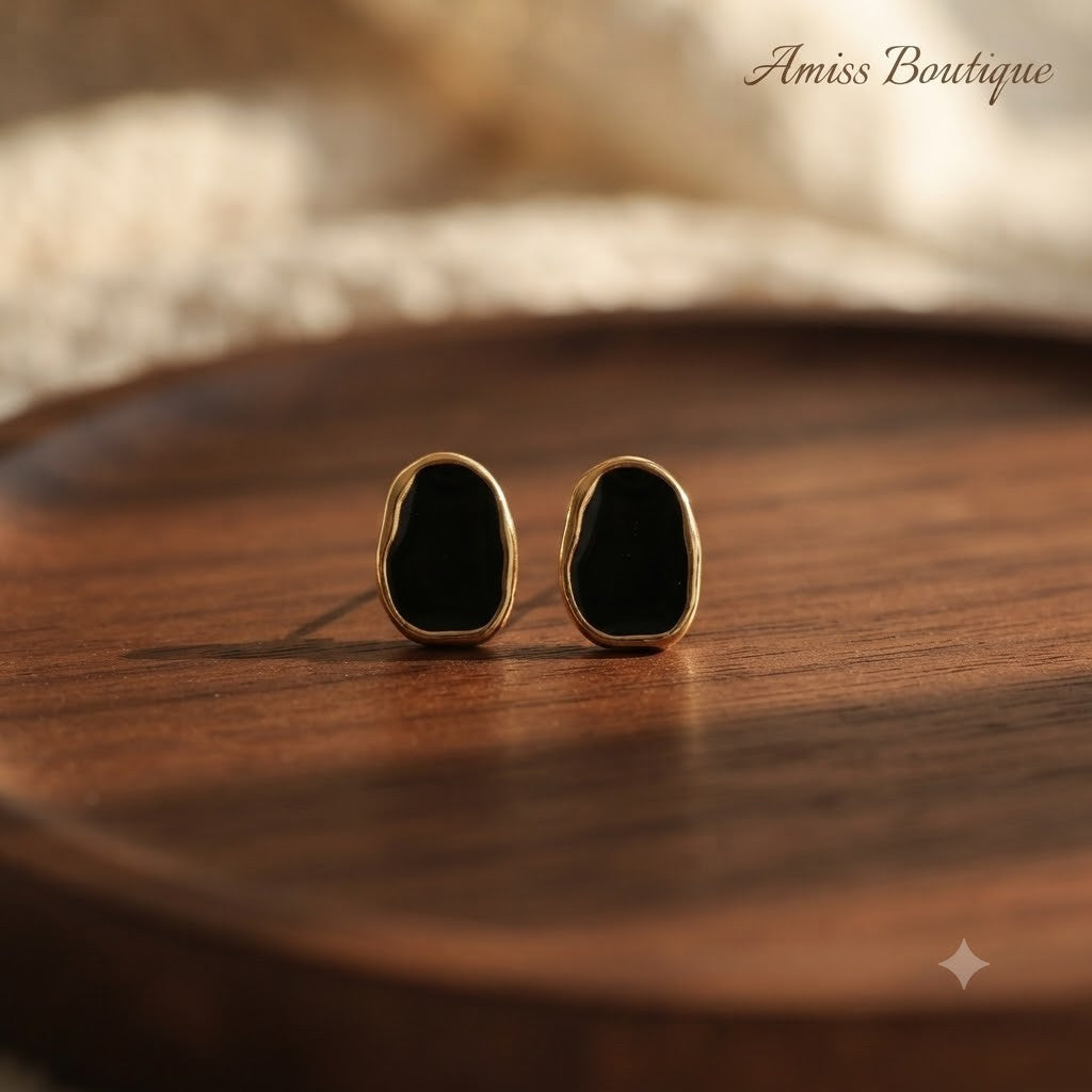 Black Oval Stud Earrings Gold Tone Vintage Geometric Statement Jewellery