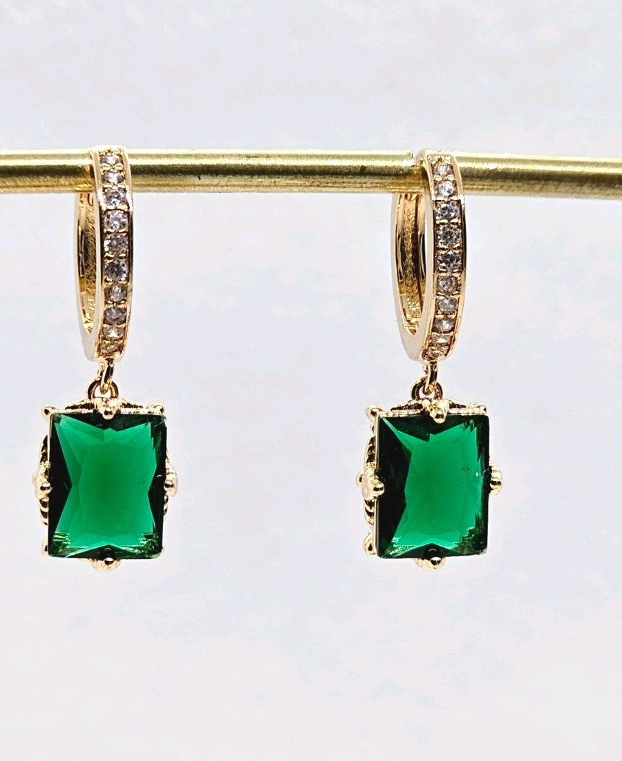 Gold Emerald Green Square Hoop Earrings CZ Pavé Huggie Cushion Drop Dangle UK