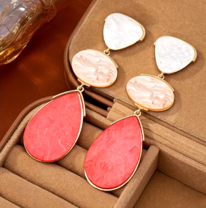 Gold Pink Coral Drop Earrings Large Multi Layer Marble Geometric Statement Gift
