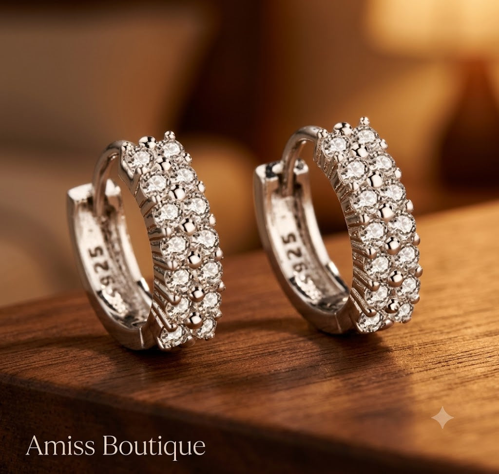 925 Sterling Silver Double Row Crystal Hoop Earrings | Zircon Huggie Hoops | Sparkling Round Stud Earrings