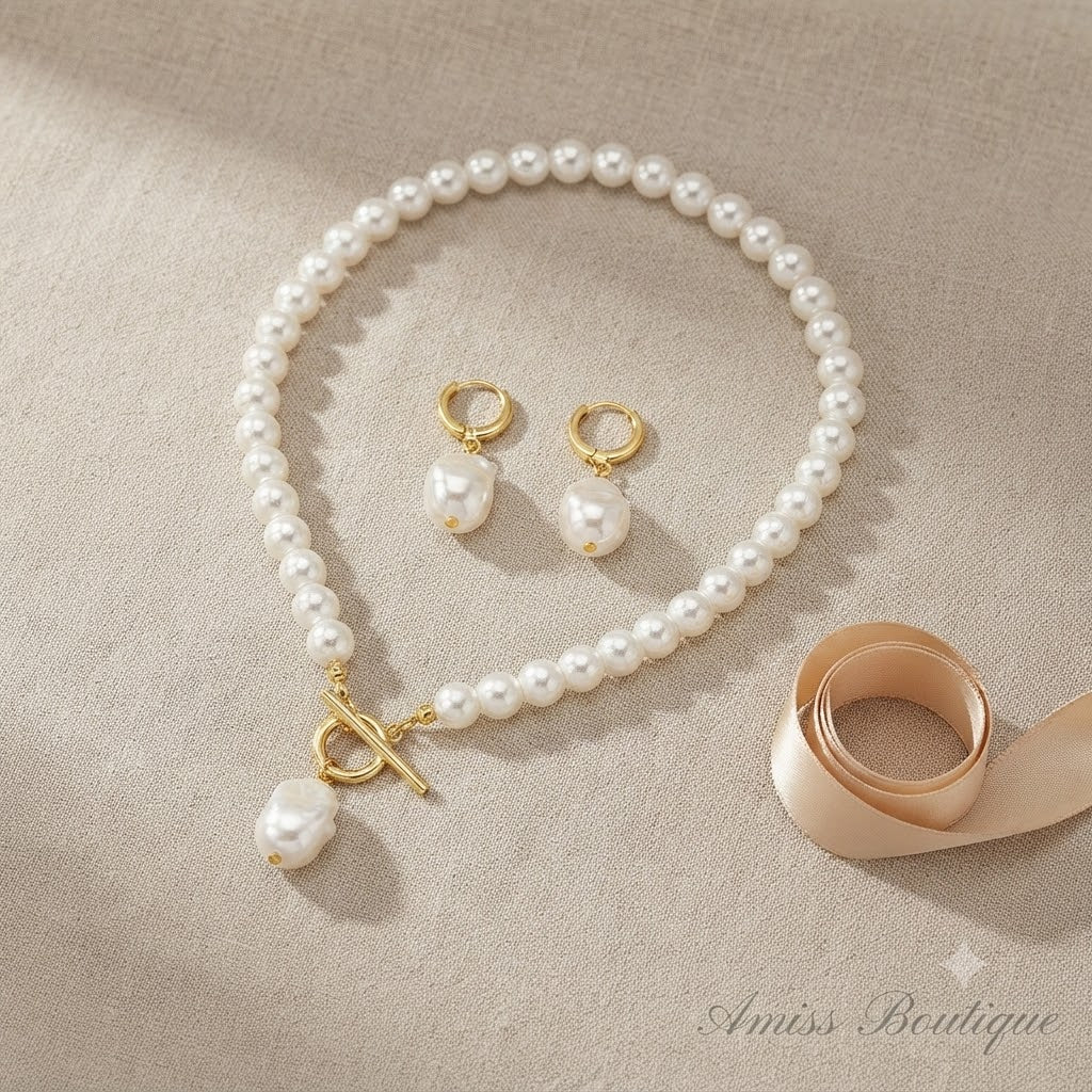 Freshwater Pearl Necklace & Earring Set – Gold Toggle Clasp with Baroque Pearl Drop