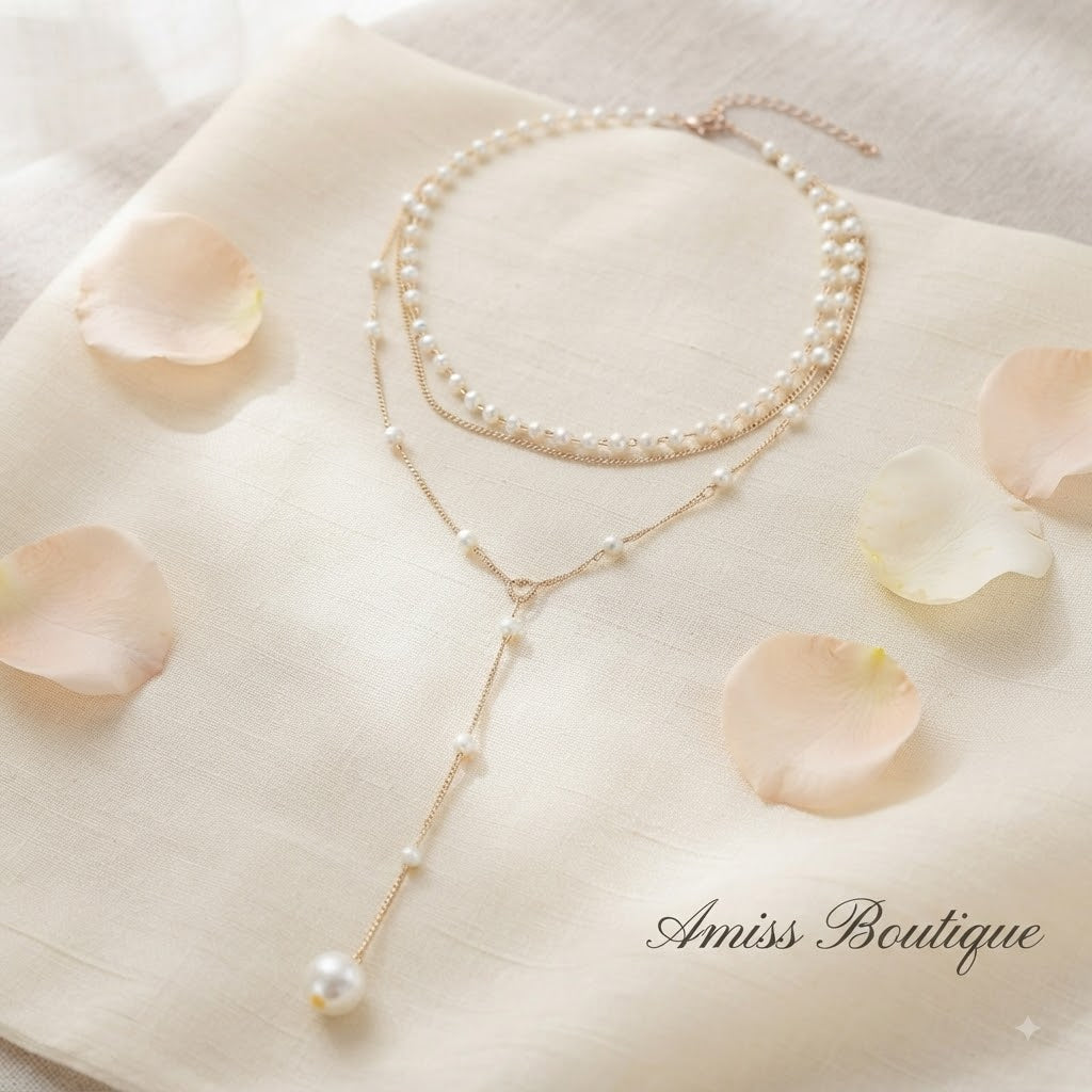 Elegant Double-Layer Pearl Necklace | Vintage Gold Tassel Lariat | Layered Faux Pearl Chain Necklace