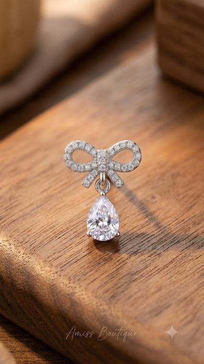 925 Sterling Silver Bow Earrings | Crystal Teardrop Drop Earrings | Elegant Bridal Stud Earrings
