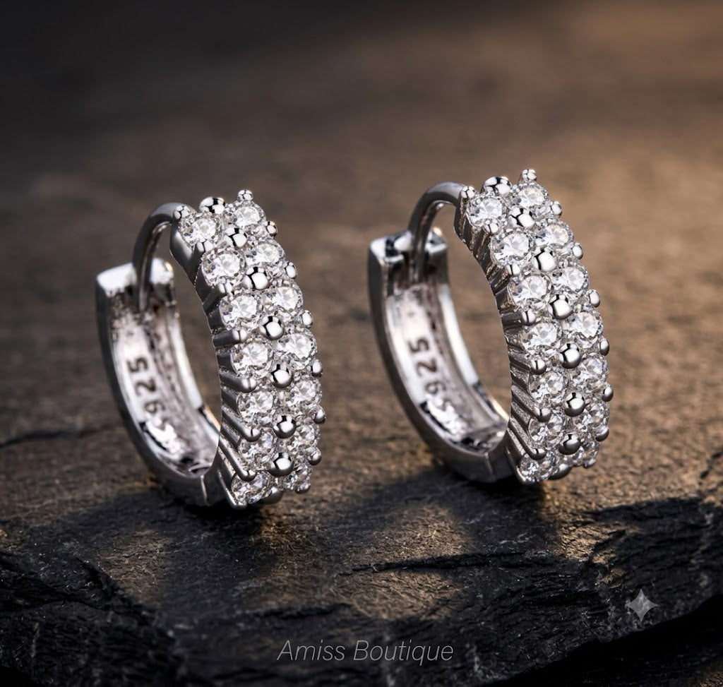 925 Sterling Silver Double Row Crystal Hoop Earrings | Zircon Huggie Hoops | Sparkling Round Stud Earrings