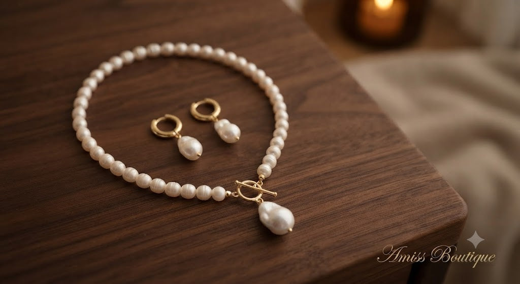 Freshwater Pearl Necklace & Earring Set – Gold Toggle Clasp with Baroque Pearl Drop