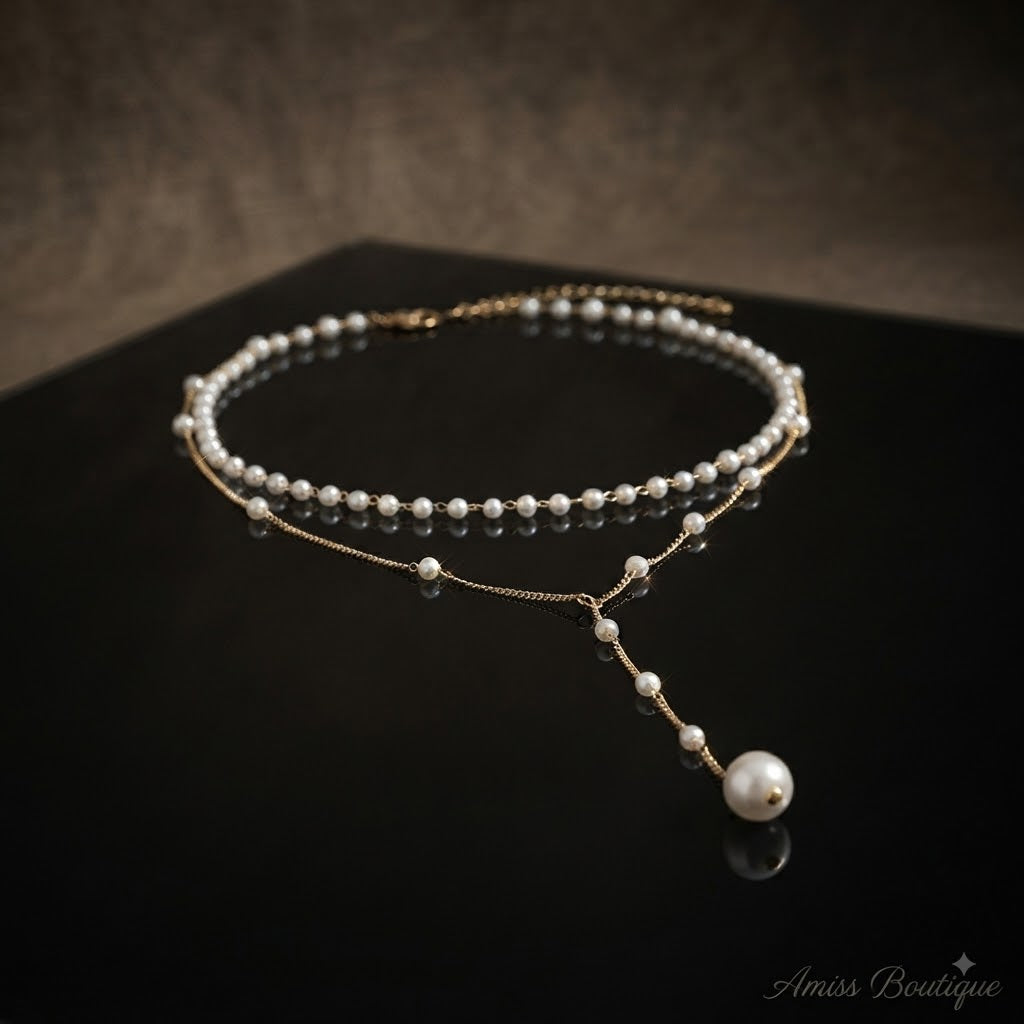 Elegant Double-Layer Pearl Necklace | Vintage Gold Tassel Lariat | Layered Faux Pearl Chain Necklace