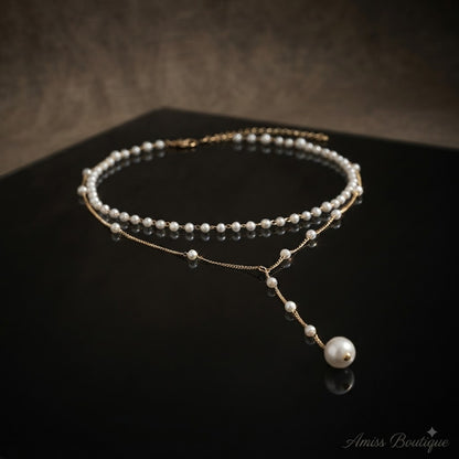 Elegant Double-Layer Pearl Necklace | Vintage Gold Tassel Lariat | Layered Faux Pearl Chain Necklace