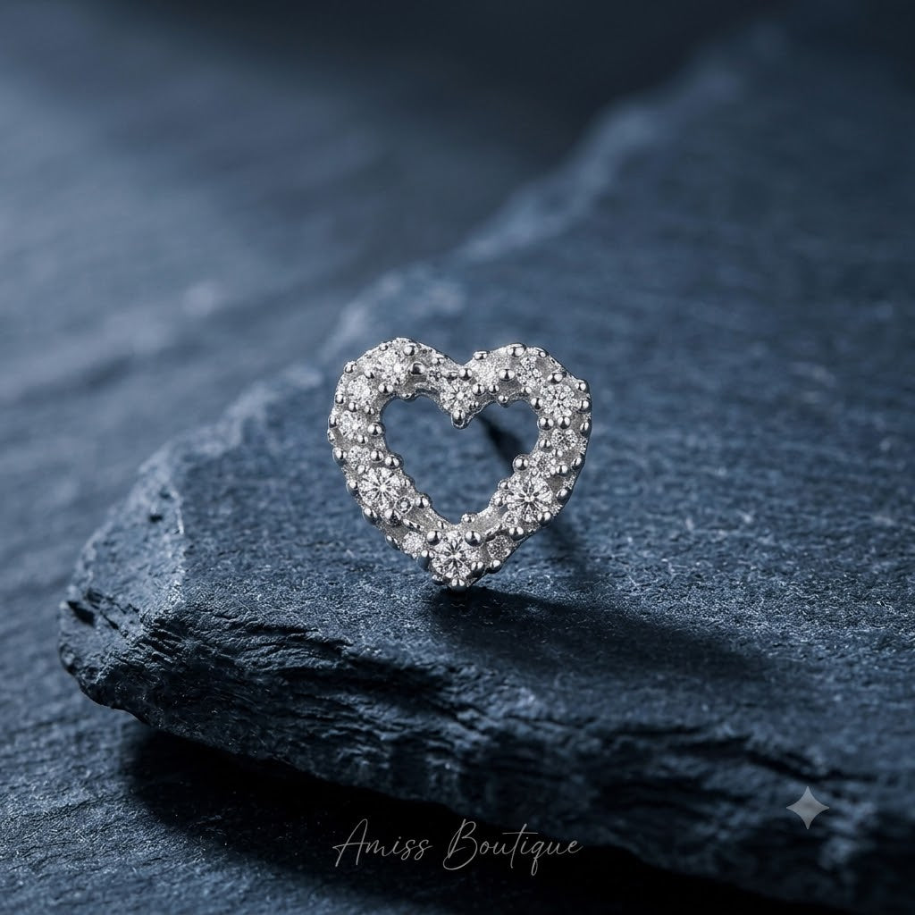 Silver Hollow Heart Stud Earrings — Sparkly Crystal Outline