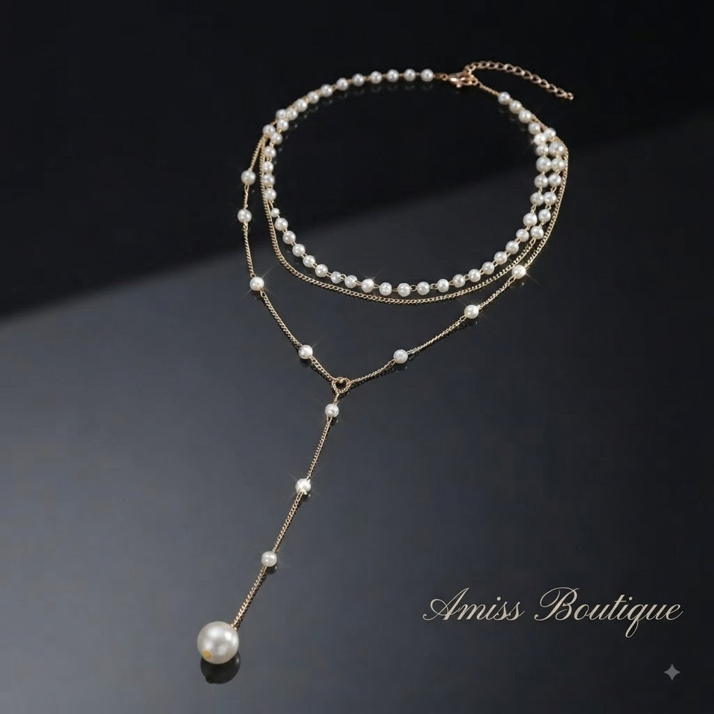 Elegant Double-Layer Pearl Necklace | Vintage Gold Tassel Lariat | Layered Faux Pearl Chain Necklace