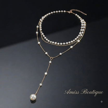 Elegant Double-Layer Pearl Necklace | Vintage Gold Tassel Lariat | Layered Faux Pearl Chain Necklace