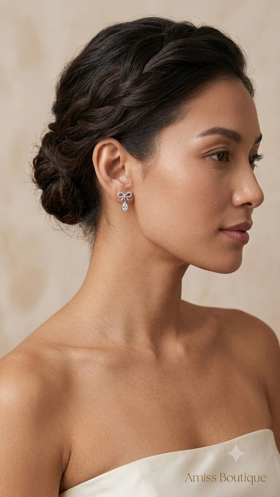 925 Sterling Silver Bow Earrings | Crystal Teardrop Drop Earrings | Elegant Bridal Stud Earrings