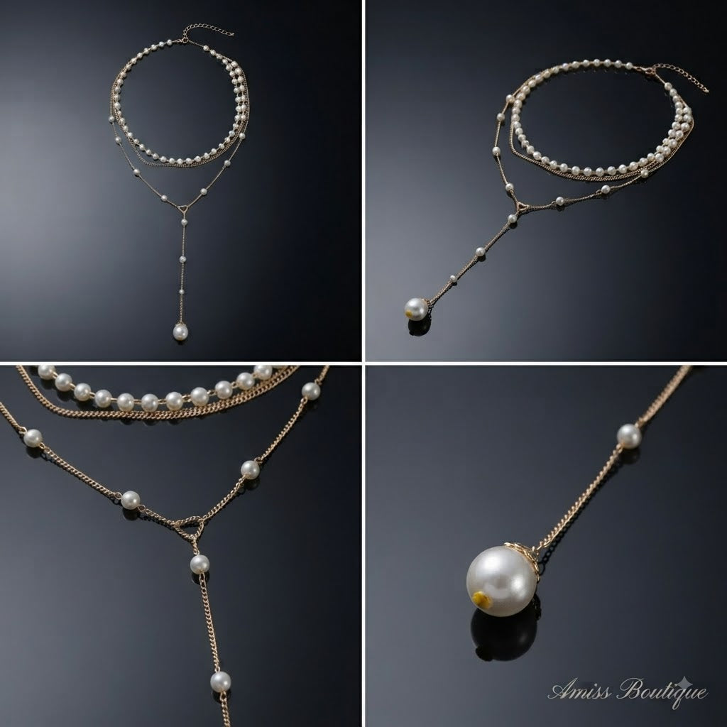Elegant Double-Layer Pearl Necklace | Vintage Gold Tassel Lariat | Layered Faux Pearl Chain Necklace