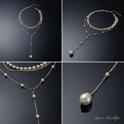 Elegant Double-Layer Pearl Necklace | Vintage Gold Tassel Lariat | Layered Faux Pearl Chain Necklace