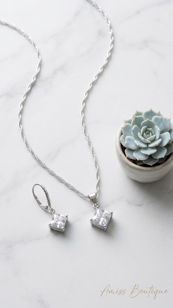 925 Sterling Silver Square Crystal Necklace & Earrings Set | CZ Pendant Jewelry Set | Wedding Bridal Jewelry Set
