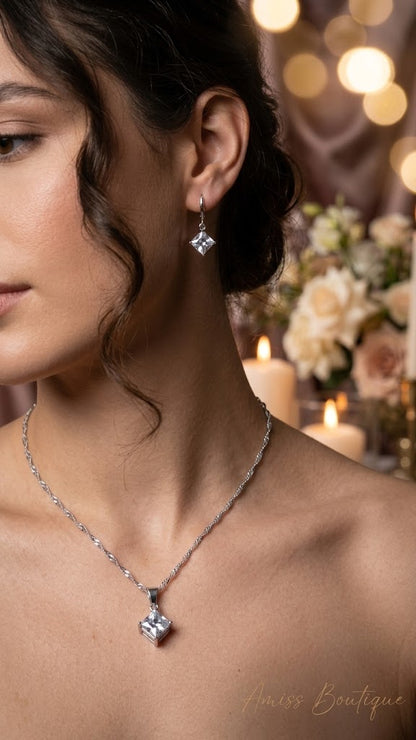 925 Sterling Silver Square Crystal Necklace & Earrings Set | CZ Pendant Jewelry Set | Wedding Bridal Jewelry Set