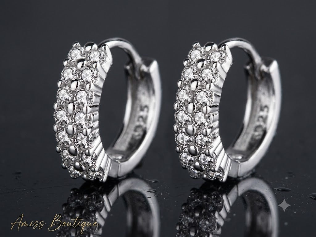 925 Sterling Silver Double Row Crystal Hoop Earrings | Zircon Huggie Hoops | Sparkling Round Stud Earrings