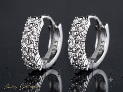 925 Sterling Silver Double Row Crystal Hoop Earrings | Zircon Huggie Hoops | Sparkling Round Stud Earrings