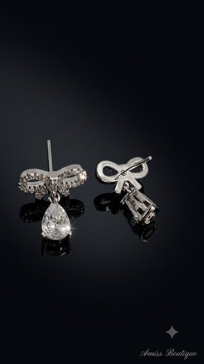 925 Sterling Silver Bow Earrings | Crystal Teardrop Drop Earrings | Elegant Bridal Stud Earrings