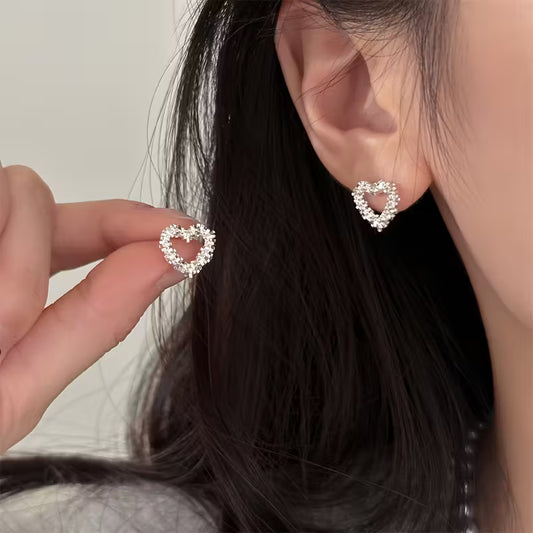 Silver Hollow Heart Stud Earrings — Sparkly Crystal Outline