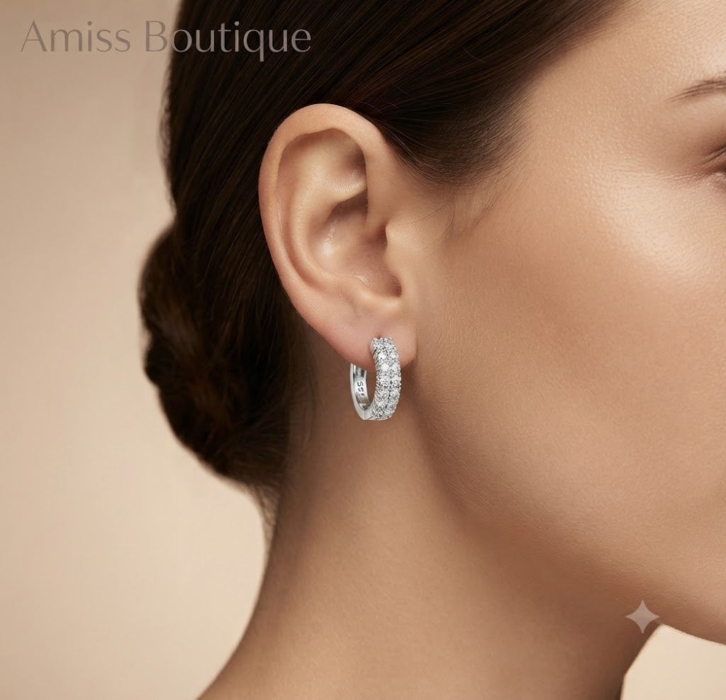 925 Sterling Silver Double Row Crystal Hoop Earrings | Zircon Huggie Hoops | Sparkling Round Stud Earrings