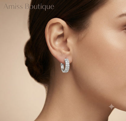 925 Sterling Silver Double Row Crystal Hoop Earrings | Zircon Huggie Hoops | Sparkling Round Stud Earrings