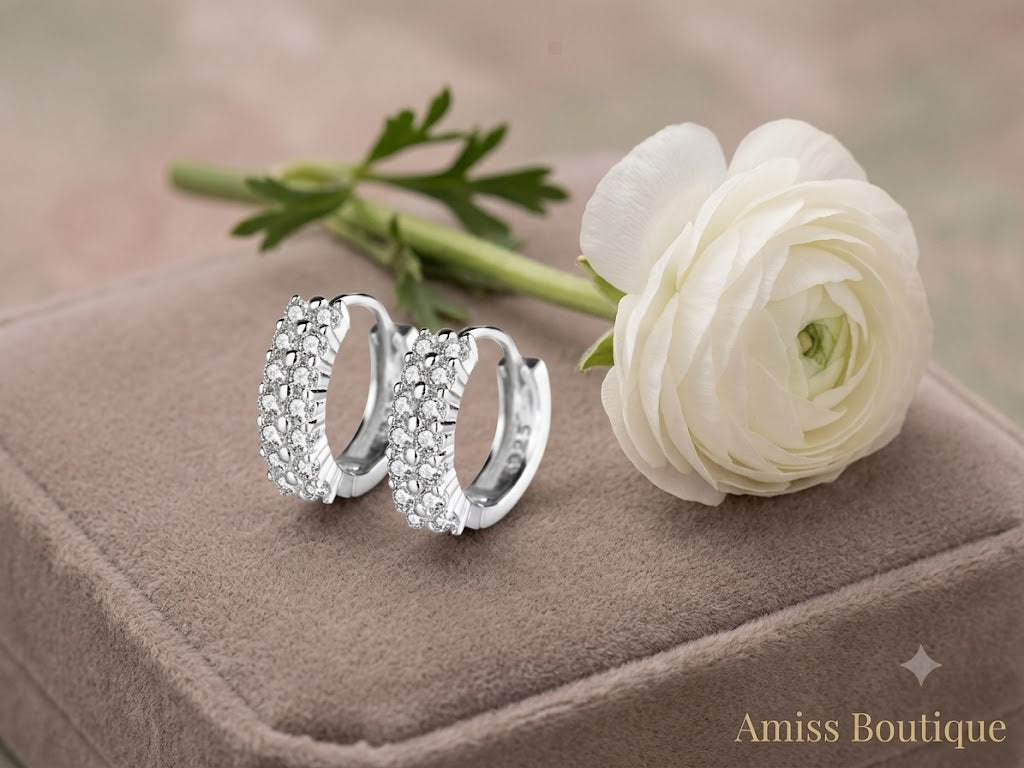 925 Sterling Silver Double Row Crystal Hoop Earrings | Zircon Huggie Hoops | Sparkling Round Stud Earrings