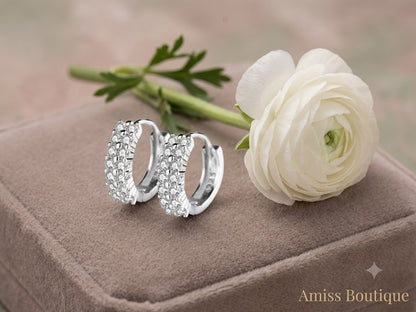 925 Sterling Silver Double Row Crystal Hoop Earrings | Zircon Huggie Hoops | Sparkling Round Stud Earrings