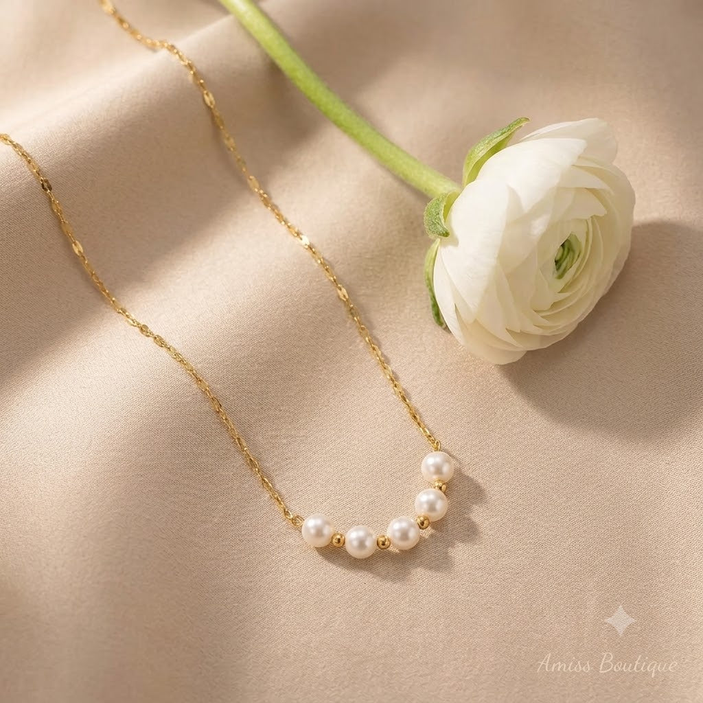 18K Gold Plated Stainless Steel Pearl Bead Necklace — Hypoallergenic