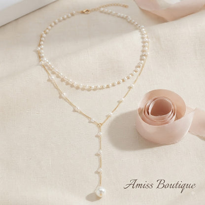 Elegant Double-Layer Pearl Necklace | Vintage Gold Tassel Lariat | Layered Faux Pearl Chain Necklace