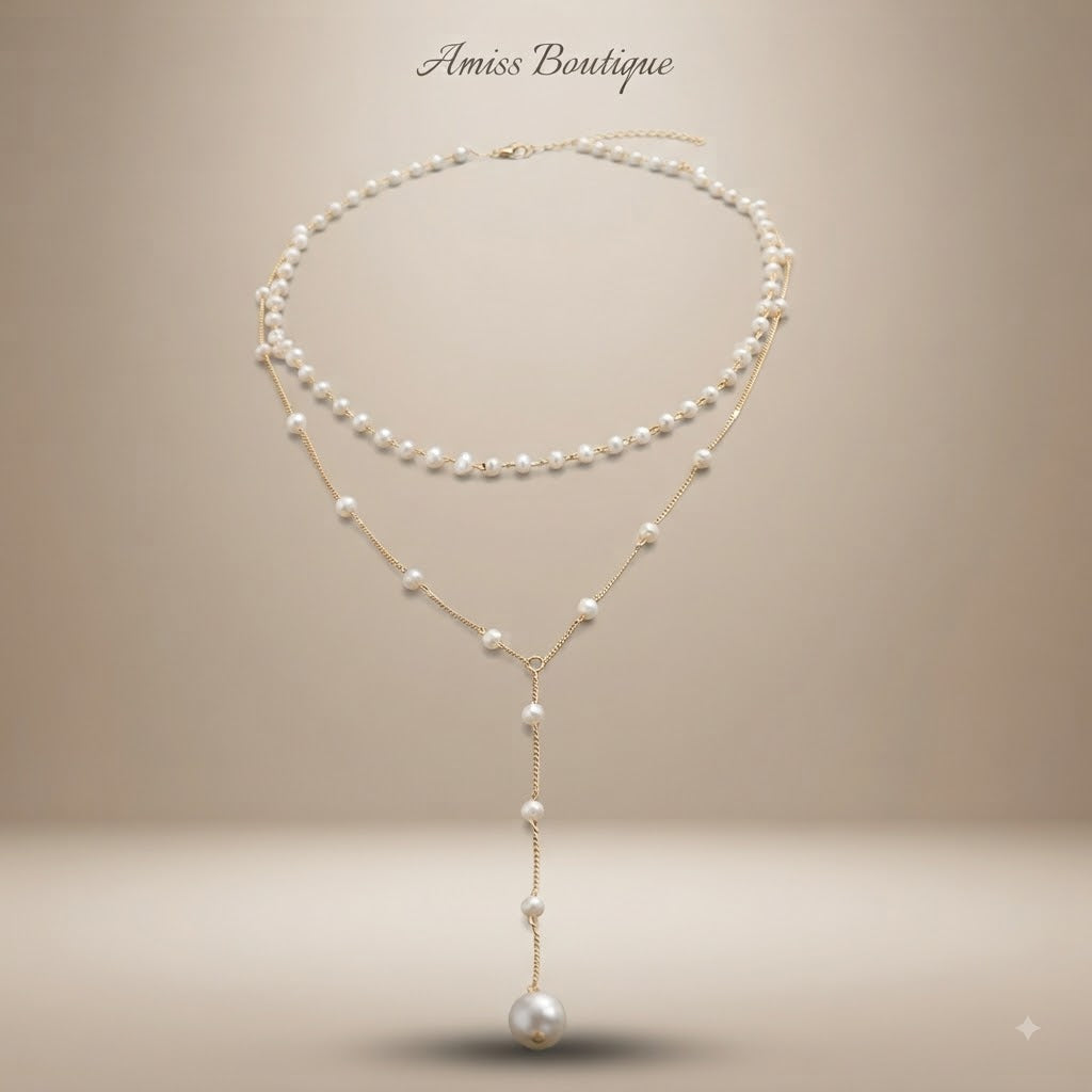Elegant Double-Layer Pearl Necklace | Vintage Gold Tassel Lariat | Layered Faux Pearl Chain Necklace