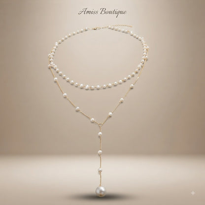 Elegant Double-Layer Pearl Necklace | Vintage Gold Tassel Lariat | Layered Faux Pearl Chain Necklace