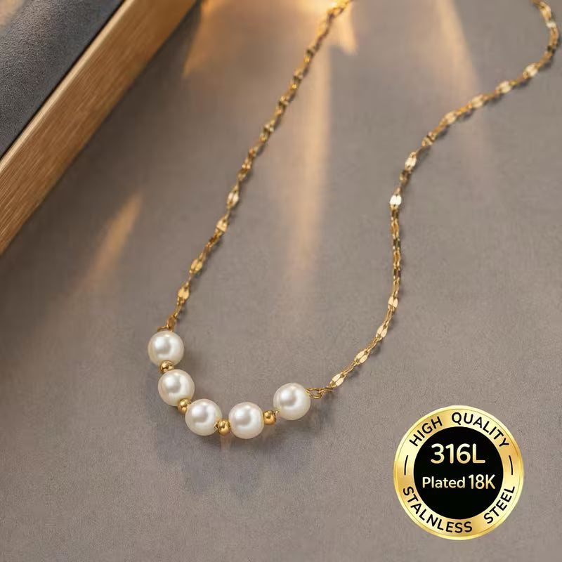 18K Gold Plated Stainless Steel Pearl Bead Necklace — Hypoallergenic