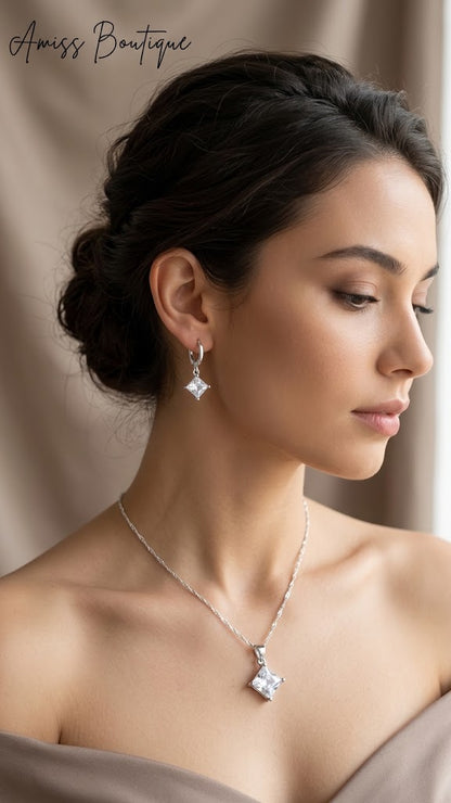 925 Sterling Silver Square Crystal Necklace & Earrings Set | CZ Pendant Jewelry Set | Wedding Bridal Jewelry Set
