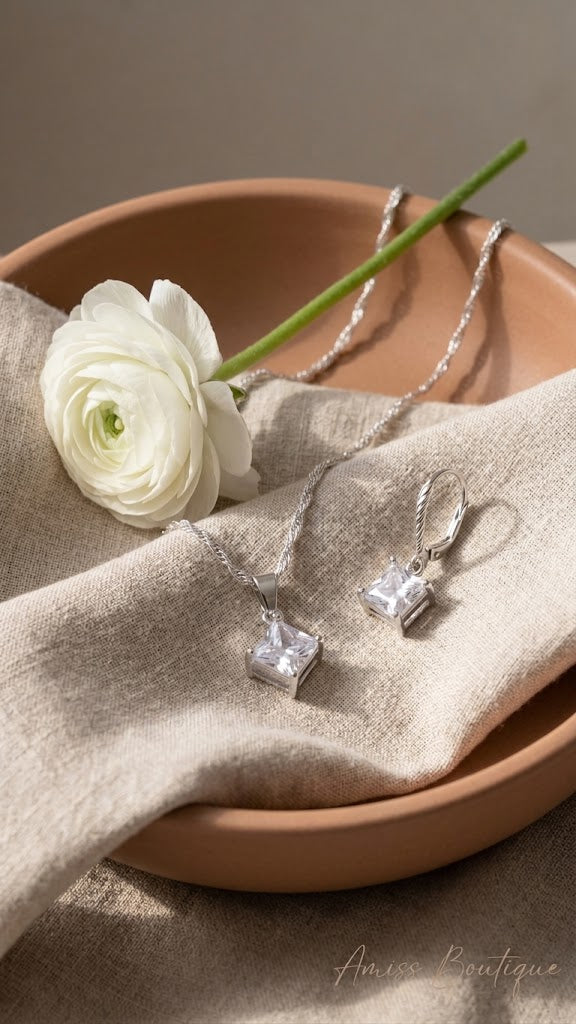 925 Sterling Silver Square Crystal Necklace & Earrings Set | CZ Pendant Jewelry Set | Wedding Bridal Jewelry Set