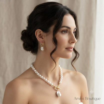 Freshwater Pearl Necklace & Earring Set – Gold Toggle Clasp with Baroque Pearl Drop