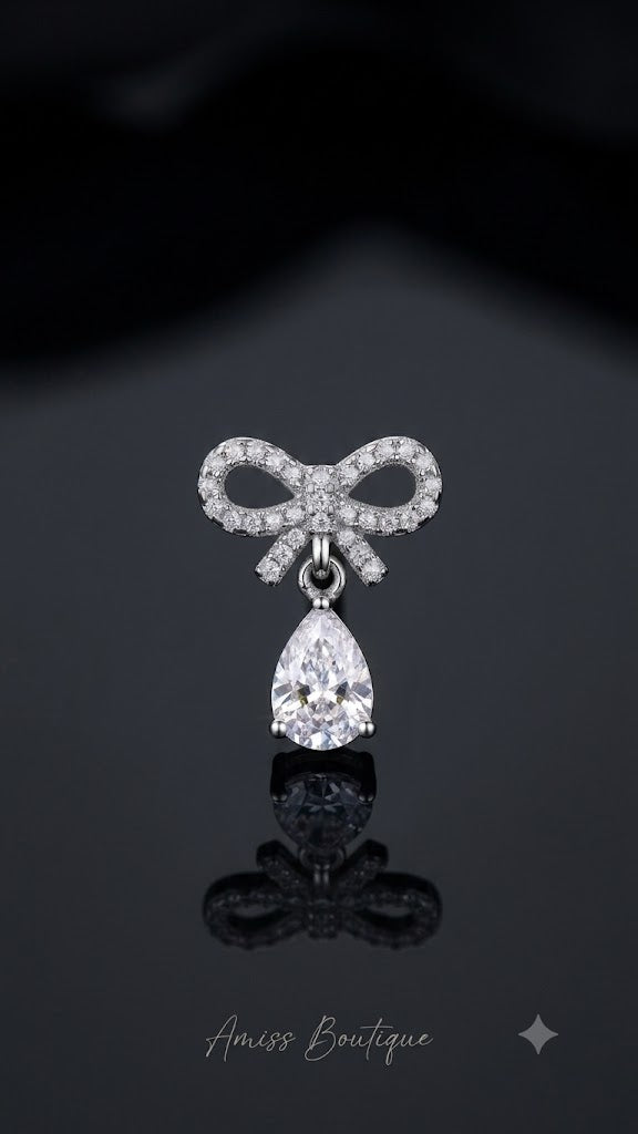 925 Sterling Silver Bow Earrings | Crystal Teardrop Drop Earrings | Elegant Bridal Stud Earrings