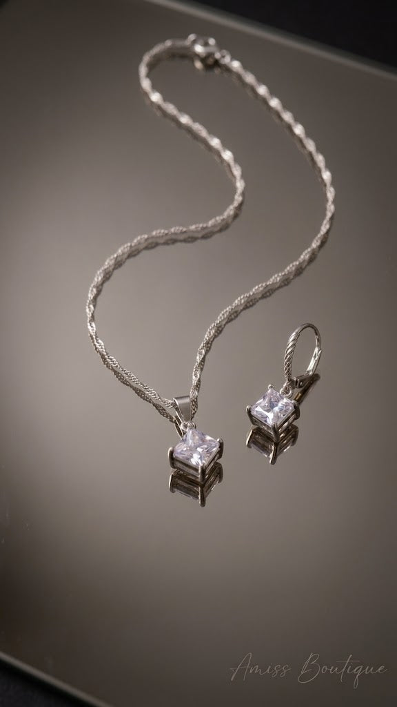 925 Sterling Silver Square Crystal Necklace & Earrings Set | CZ Pendant Jewelry Set | Wedding Bridal Jewelry Set