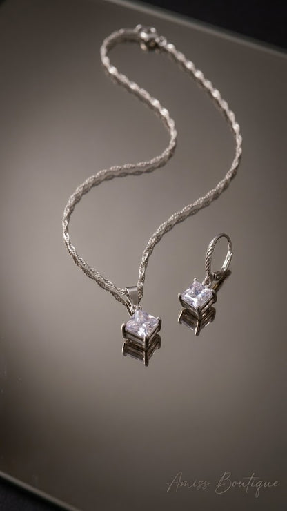 925 Sterling Silver Square Crystal Necklace & Earrings Set | CZ Pendant Jewelry Set | Wedding Bridal Jewelry Set