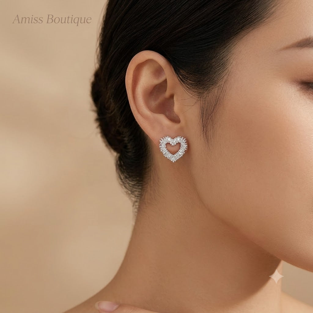 Silver Hollow Heart Stud Earrings — Sparkly Crystal Outline