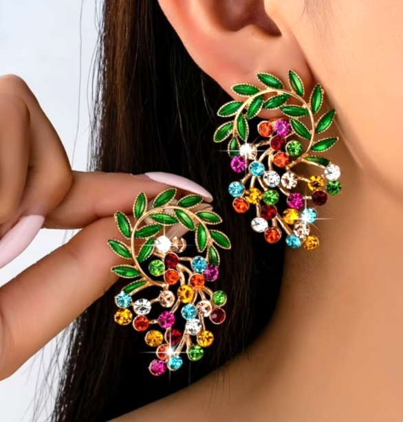 Gold Multi Colour Cluster Earrings Crystal Mori Leaf Drop Boho Festival Gift