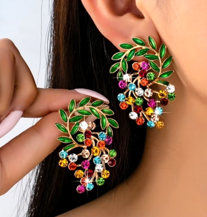 Gold Multi Colour Cluster Earrings Crystal Mori Leaf Drop Boho Festival Gift