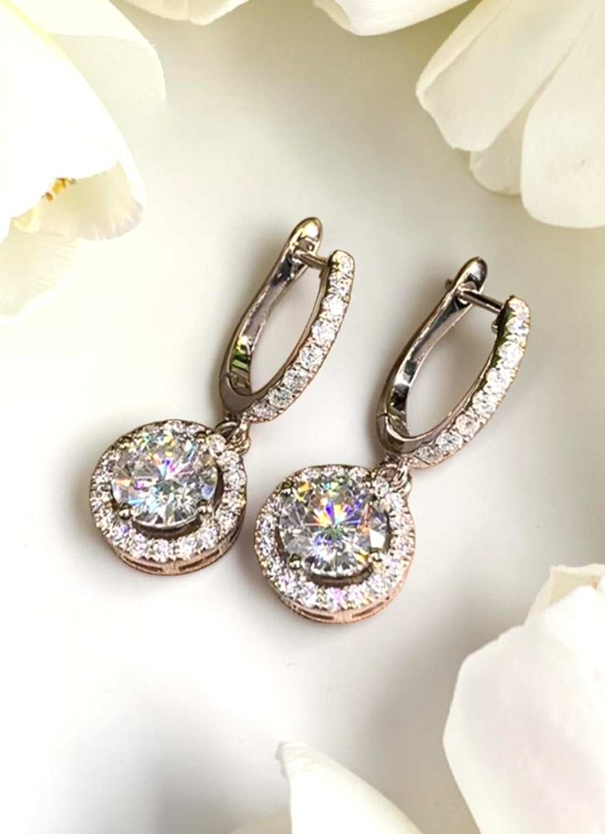Silver Halo Drop Hoop Earrings Round Cubic Zirconia CZ Leverback Dangle Gift UK