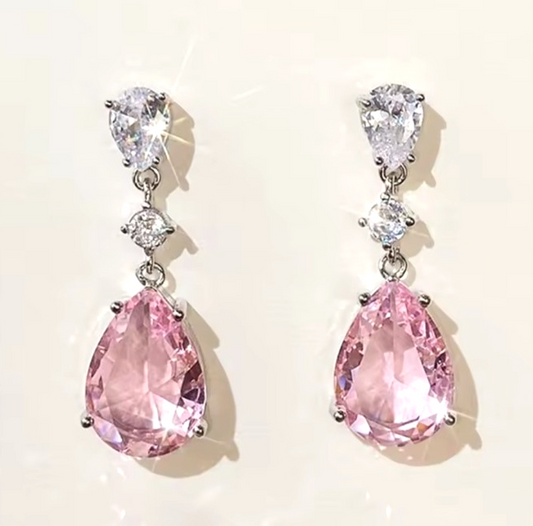 Pink Tear Drop Earrings Silver Crystal Dangle Pear Cut Bridal Wedding Prom Gift