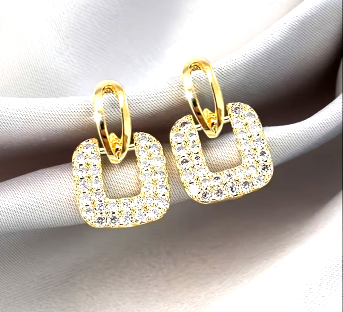 ​Gold Square Stud Earrings Sparkling Rhinestone Geometric Drop Retro Jewelry