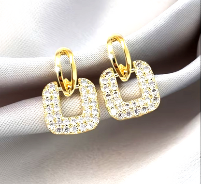 ​Gold Square Stud Earrings Sparkling Rhinestone Geometric Drop Retro Jewelry